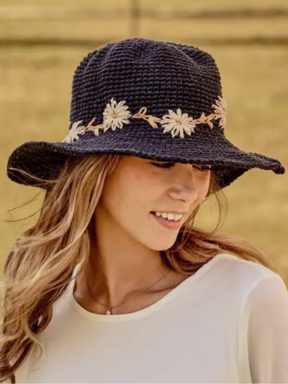MANY HANDS "Fleur" Natural Sun Hat Cotton Hemp Boho Floral Hand-Crocheted Wire